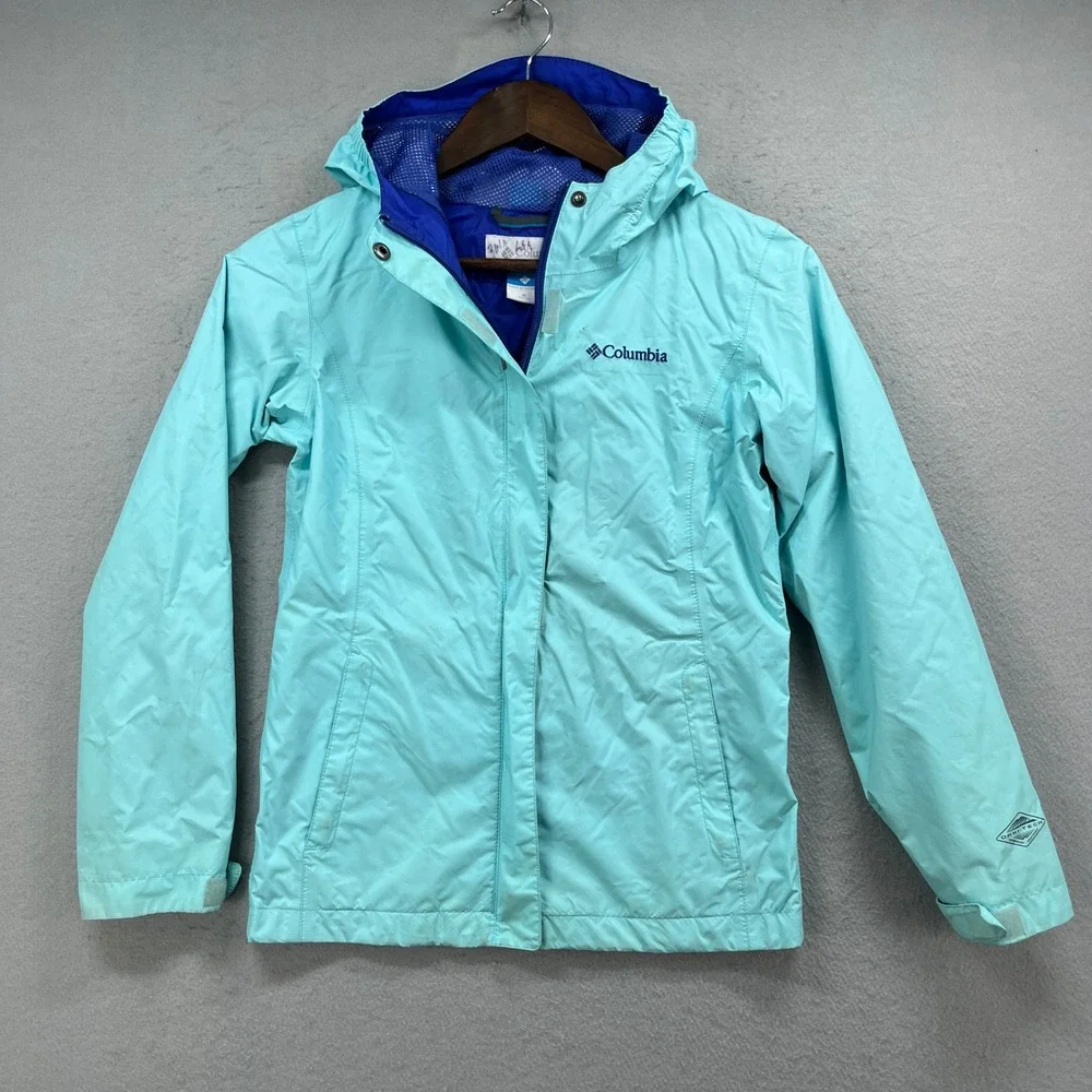 Columbia Rain Jacket Girls M 10/12 Aqua Blue Omni-Tech Hooded Outdoor Waterproof